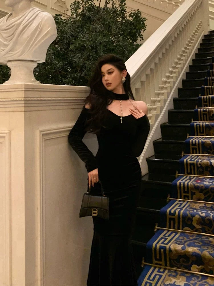 Elegant Mermaid High Neckline Black Velvet Prom Dresses Birthday Outfits Evening Gown