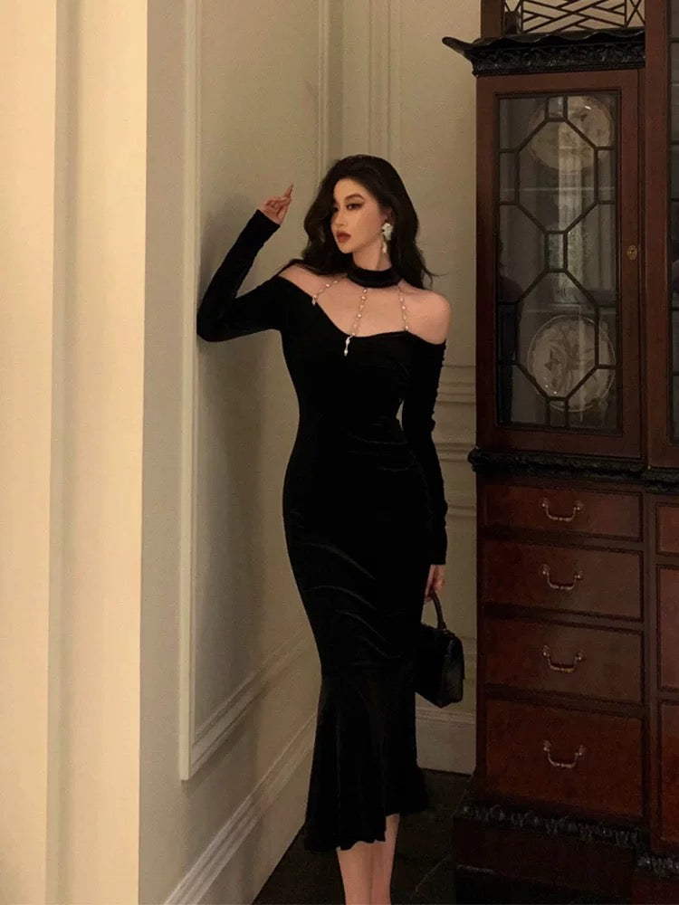 Elegant Mermaid High Neckline Black Velvet Prom Dresses Birthday Outfits Evening Gown