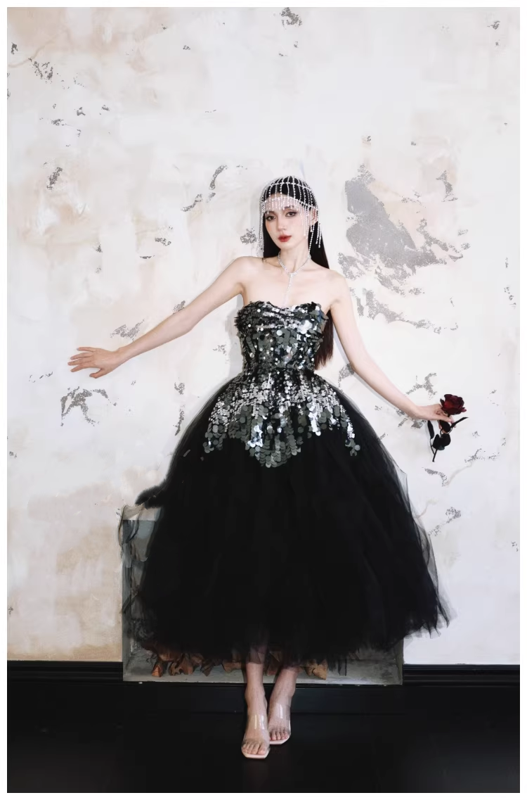 Gorgeous Strapless Black Tulle Sequin A Line Long Evening Dress Birthday Dress