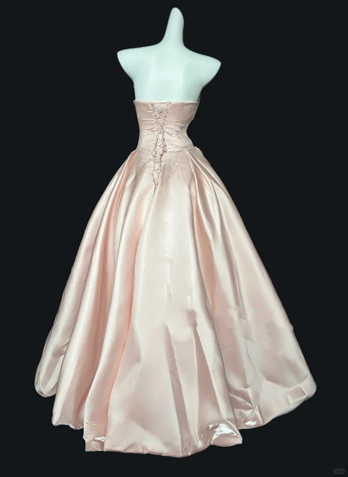 Classy Strapless Pink Satin Pleated Ball Gown Long Prom Dress