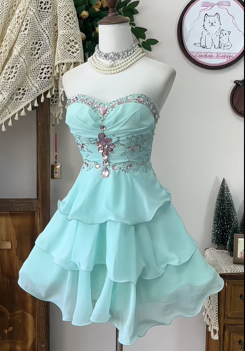 Elegant Strapless Chiffon Beaded A Line Mini Birthday Dress Blue Grade Homecoming Dress