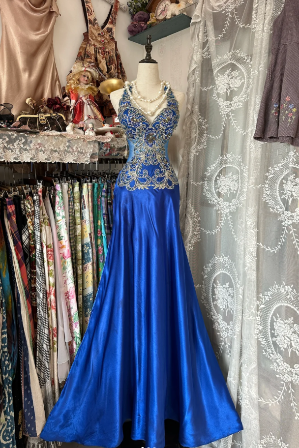 Gorgeous Royal Blue Halter Satin Beaded Mermaid Evening Dress Long Birthday Party Gown