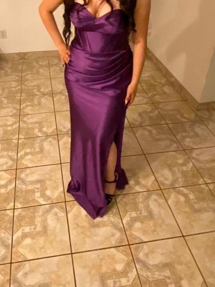 Purple Strapless Satin Sheath Party Evening Dress