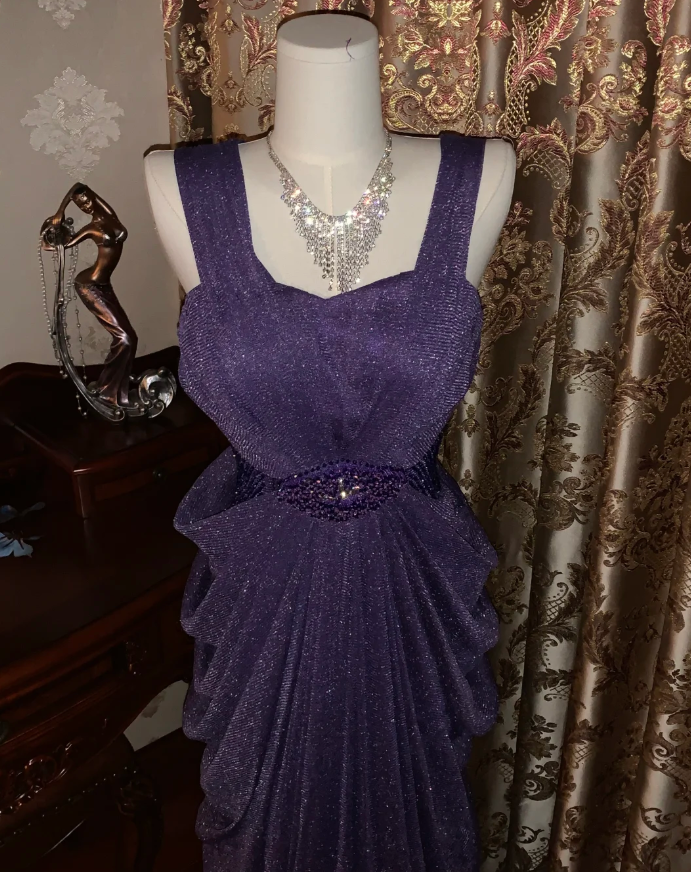 Sparkly Purple Tulle Sequin Beaded Pleated Mermaid Evening Dress Long Birthday Prom Gown