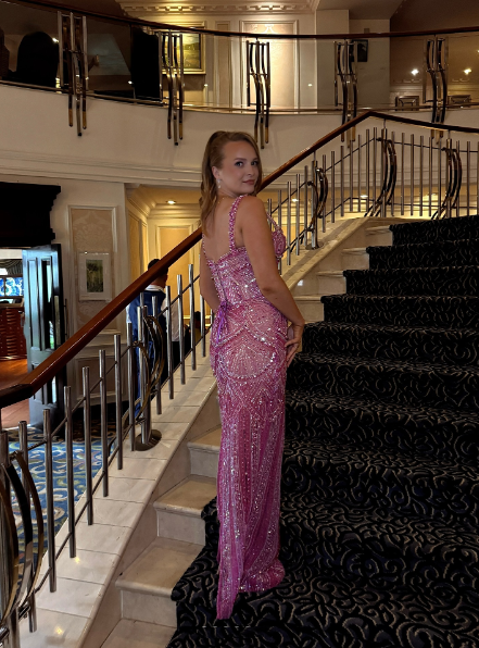 Gorgeous Pink Spaghetti Straps Sequin Beaded Long Evening Dress Formal Party Gown