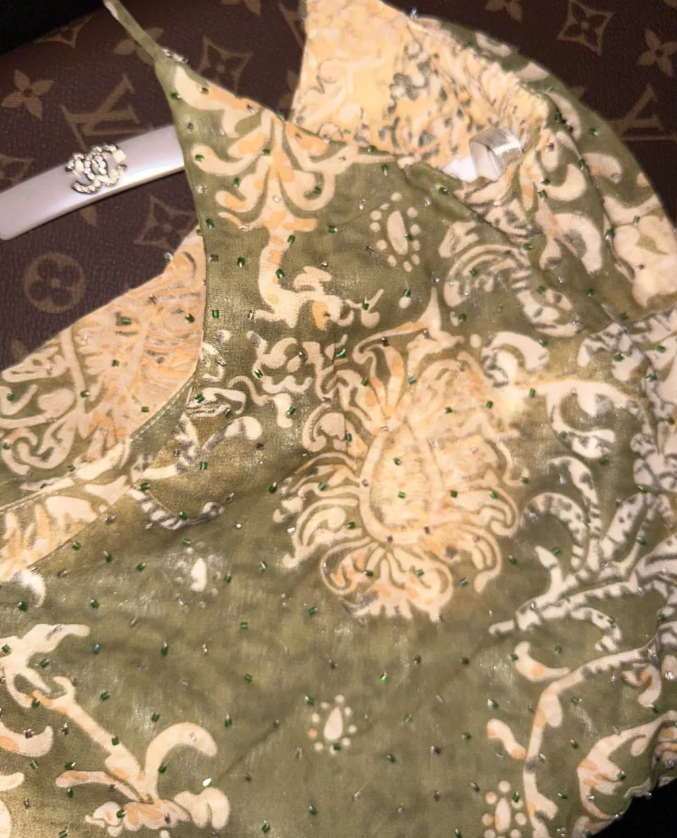 Vintage Spaghetti Straps Green Chiffon Print Floral Beaded Mermaid Evening Dress Long Party Dress