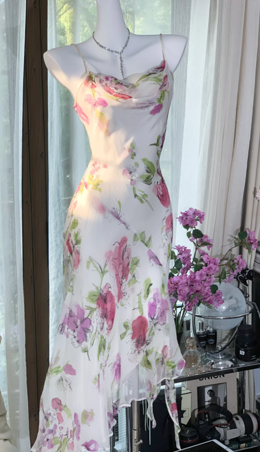 Pretty Spaghetti Straps Chiffon Print Floral Mermaid Evening Dress Long Party Dress
