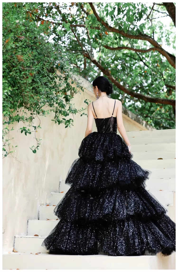 Sparky Black Spaghetti Straps Tulle Sequin Layered Long Birthday Evening Dress Party Dress