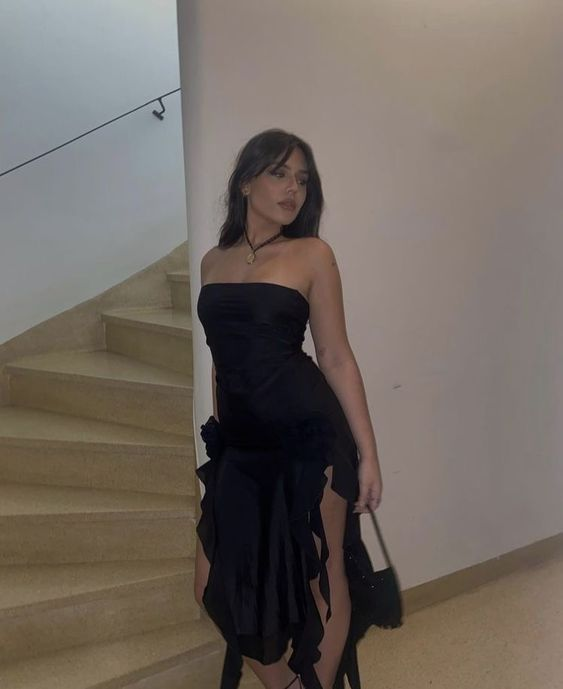Sexy Black Strapless Black Slit Prom Dress Ruffles Party Dress With Floral