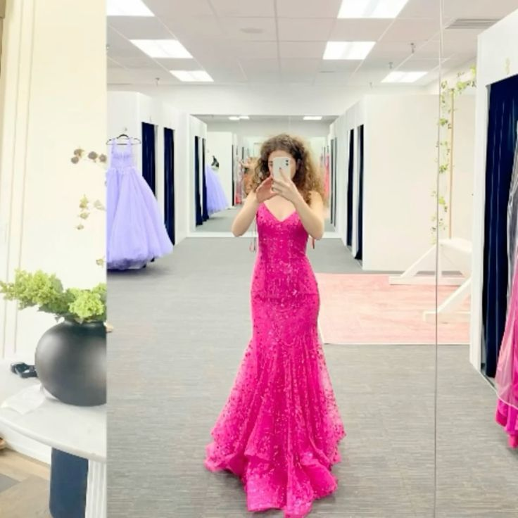 Charming Spaghetti Straps Hot Pink Tulle Mermaid Long Evening Dress Birthday Prom Dress