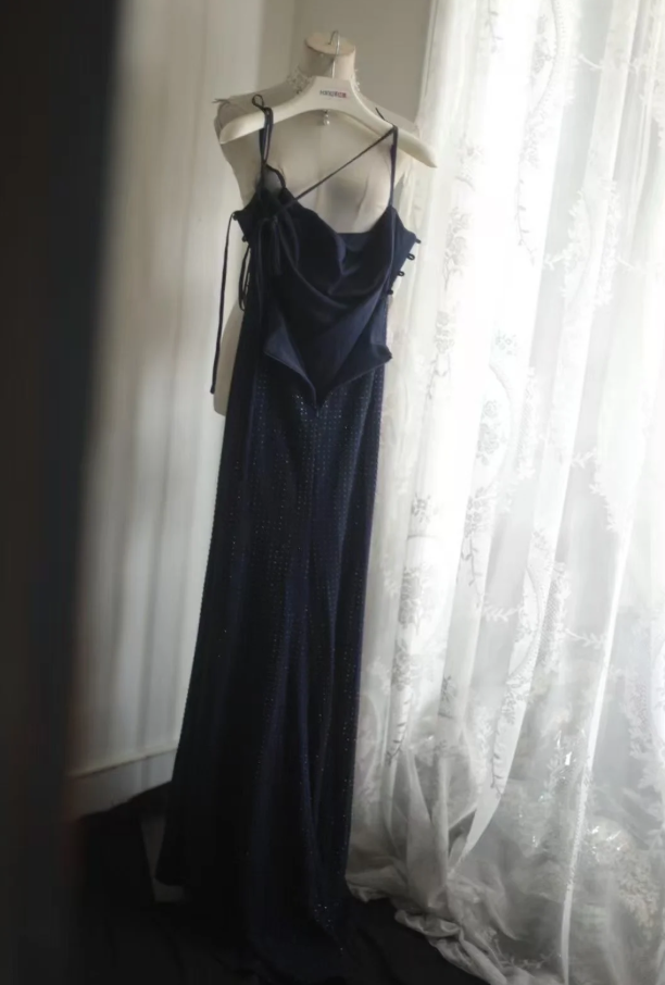 Classy Spaghetti Straps Navy Blue Beaded Mermaid Long Evening Dress Formal Wedding Guest Dress