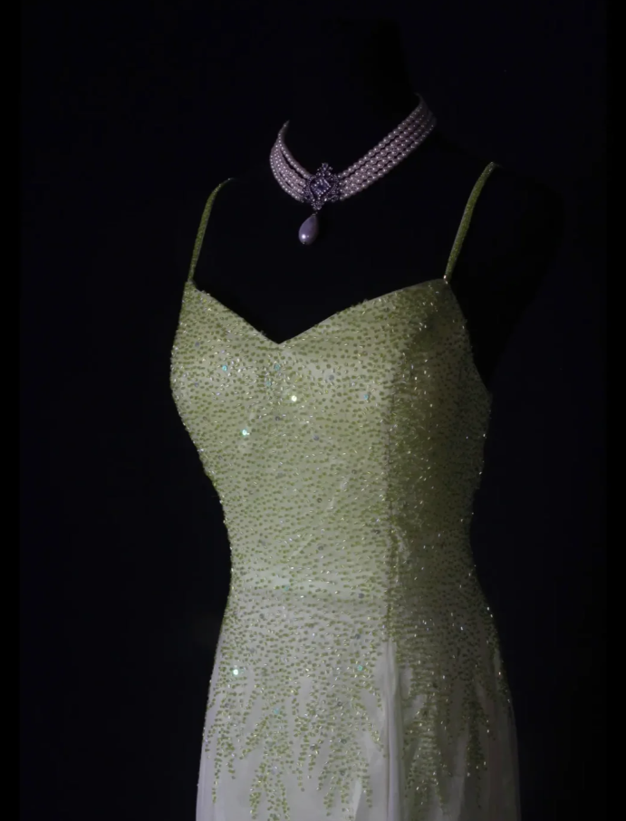 Classy Spaghetti Straps Satin Chiffon Beaded Mermaid Evening Dress Ombre Green Birthday Prom Dress