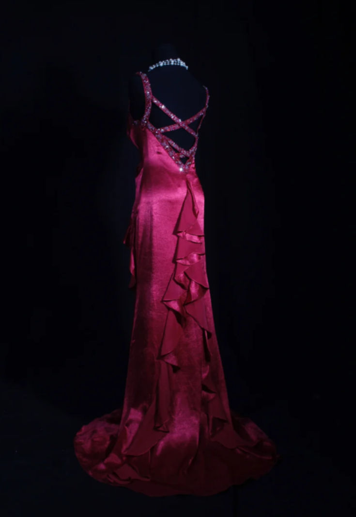 Pretty V Neck Hot Pink Satin Pleated Beaded Ruffles Mermaid Evening Dress Long Prom Dress