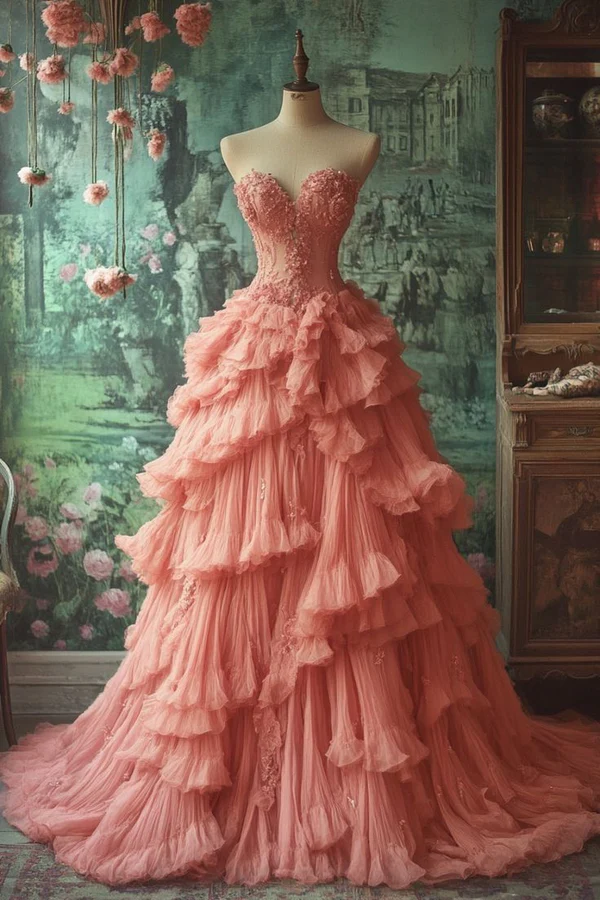 Vintage Pink Sweetheart Neck Tulle Ruffles Long Ball Gown Sweet Beaded Appliques Prom Dress