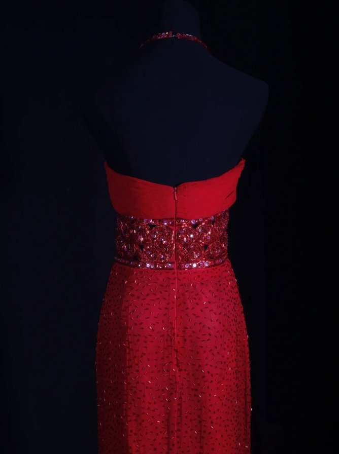 Pretty Red Halter Chiffon Beaded Sheath Long Prom Dress Birthday Evening Dress