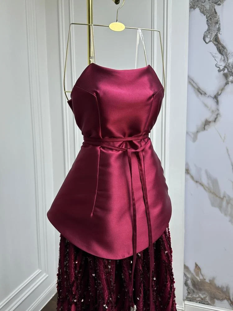 Vintage Burgundy Satin Sequin Evening Dress Formal Prom Dress