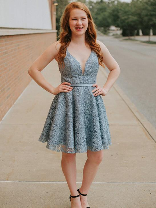 Spaghetti Straps Deep V-neck Full Lace Backless Short Homecoming Dress