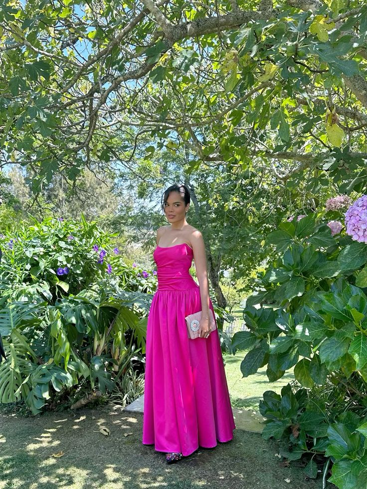 Fashion Hot Pink Satin A Line Long Bridesmaid Dress Formal Wedding Guest Dress