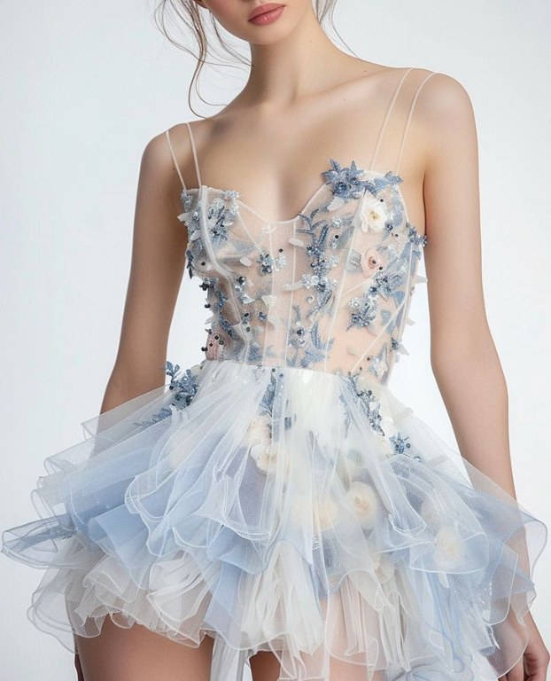 Classy Spaghetti Straps Tulle Beaded Applique A Line Short Birthday Outfits Formal Graduation Homecoming Dress
