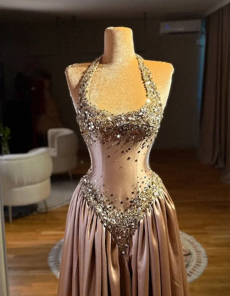 Gorgeous Halter Satin Beaded Long Evening Dress Birthday Party Dress