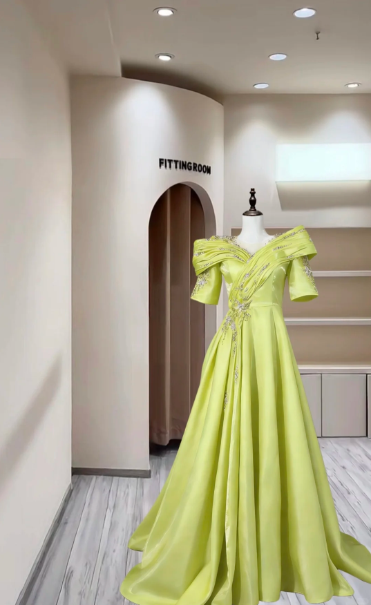 Unique Lemon Green Satin Pleated Ball Gown Long Party Dress With Beads