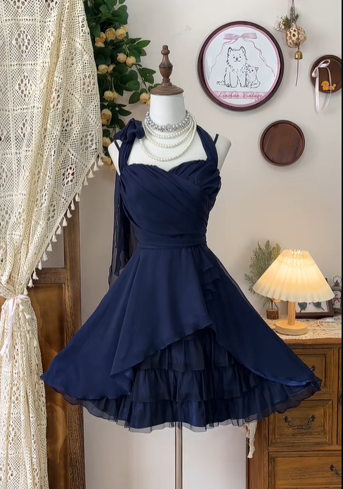 Vintage Navy Blue Chiffon A Line Homecoming Dress Cocktail Dress Mini Birthday Outfits