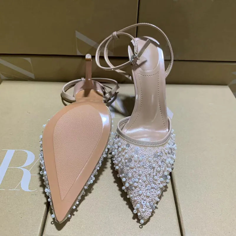 Luxury Pearls Sequined Air Mesh Women Pumps Summer Elegant Pointed toe Slingbacks Thin High heels Fashion Wedding Party Shoes