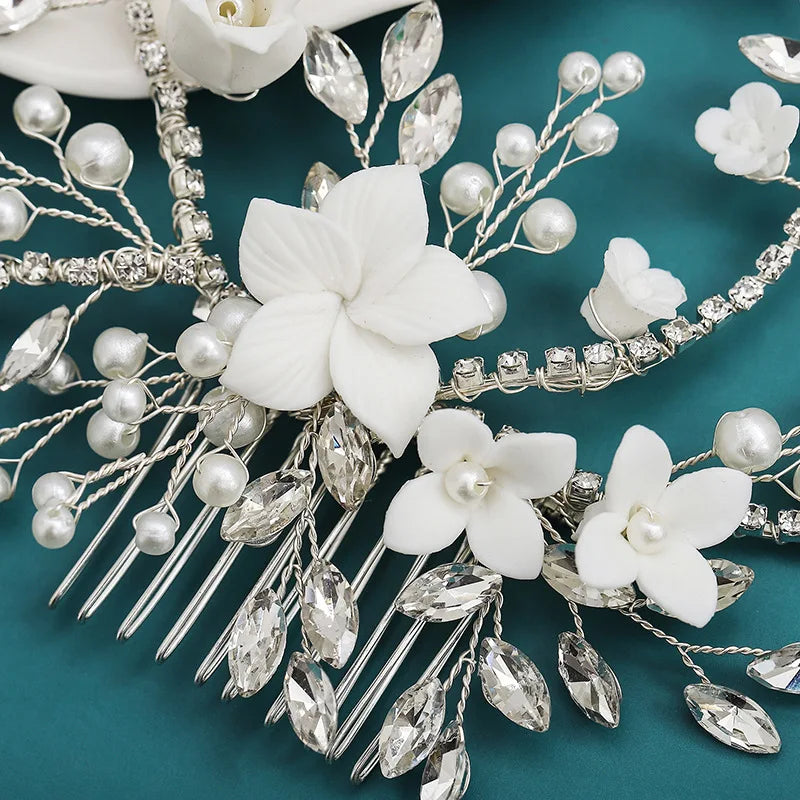 Wedding Accessories Porcelain Flower Hair Comb Pin Imitation Pearl Crystal Hairpin For Brides Women Head Pieces Bridal Jewelry