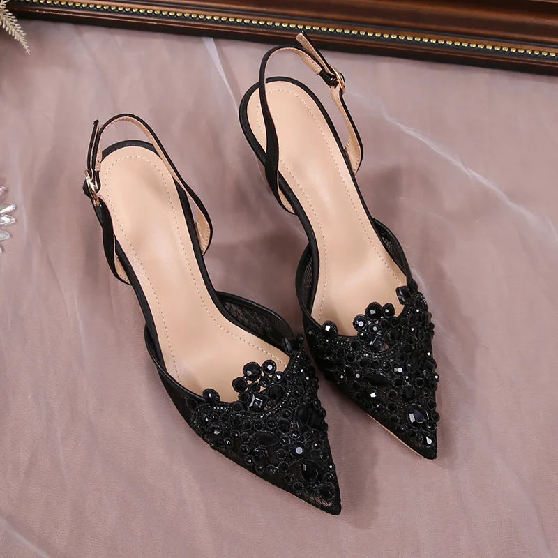 Luxury Pearls Rhinestones Satin Air Mesh Women Pumps Summer Elegant Pointed toe Slingbacks Thin High heels Wedding Party Shoes Black 8.5cm