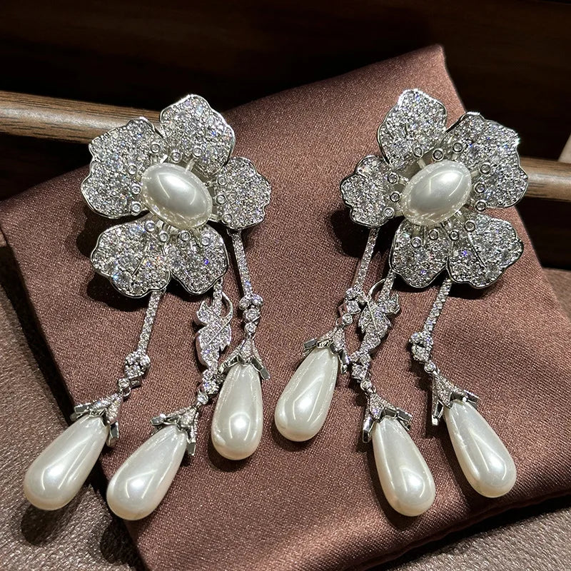 Vintage Flower Bridal Earrings Pearl Zirconia Wedding Earring For Brides Bridesmaids Accessories Women Birthday Gifts Jewelry