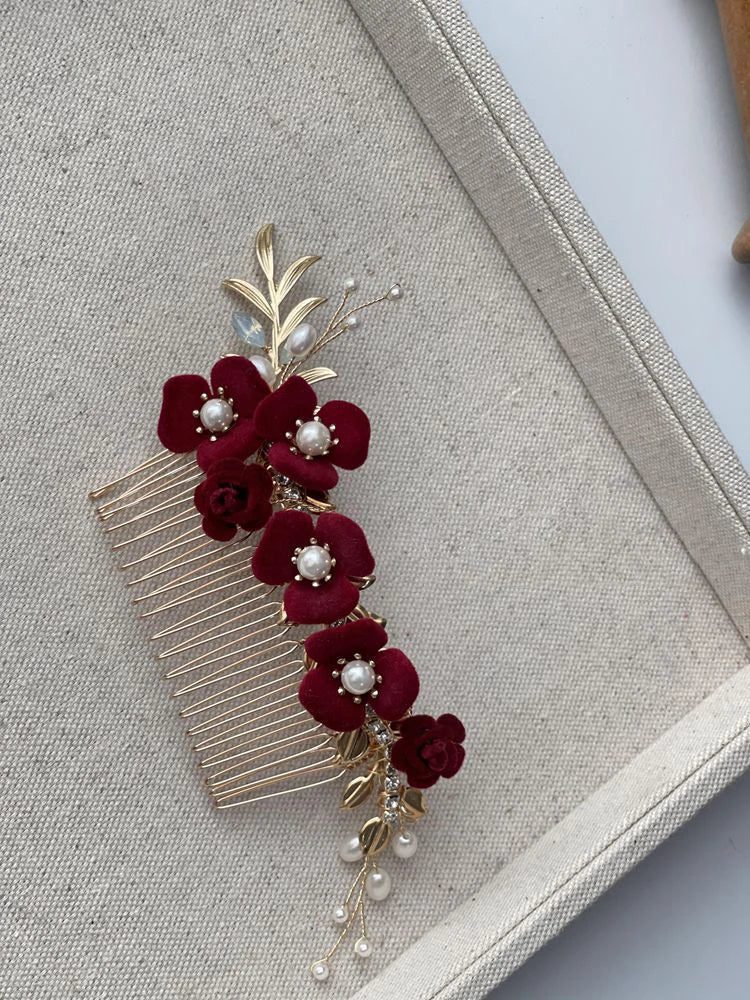 Burgundy Red Flower Head Piece Pearl Hair Comb Pin Women Brides Evening Party Dress Hairpin Bridal Jewelry Wedding Accessories