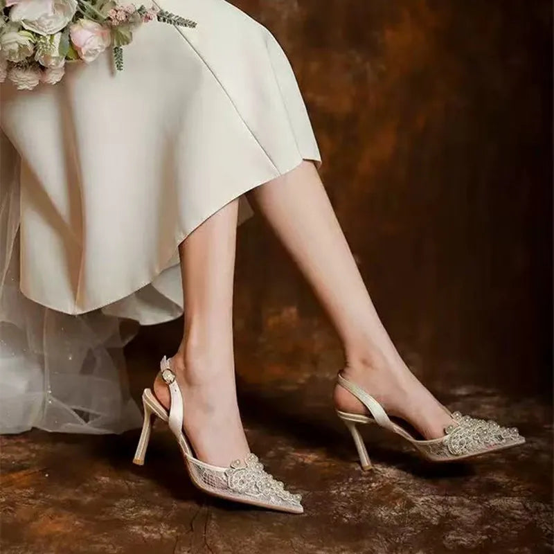 Luxury Pearls Rhinestones Satin Air Mesh Women Pumps Summer Elegant Pointed toe Slingbacks Thin High heels Wedding Party Shoes