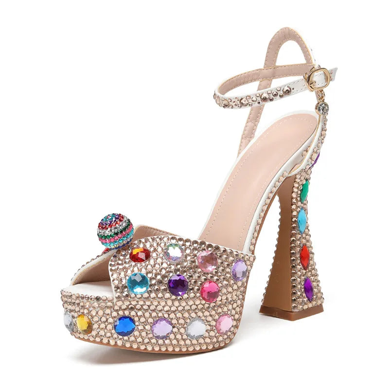 Luxury Colorful Rhinestones Women Gladiator Sandals Sexy Ankle Strap Platform Wedges High heels Fashion Summer Party Prom Shoes Champagne 2