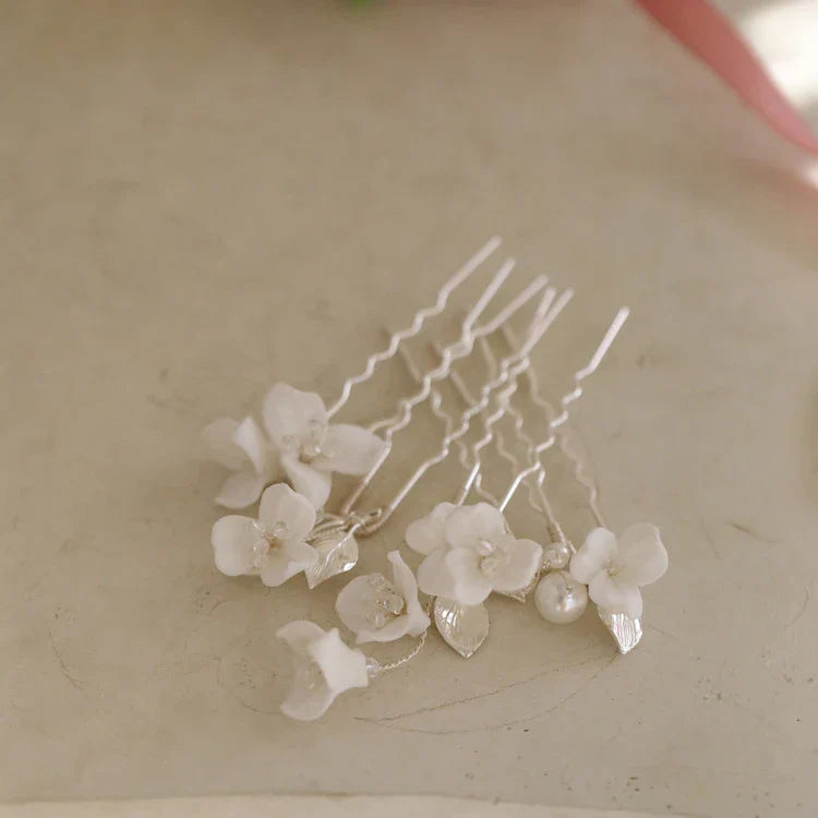 Wedding Accessories Porcelain Flower Hair Pin Clip Silver Color Head Piece For Brides Women Bridesmaids Hairpin Bridal Jewelry