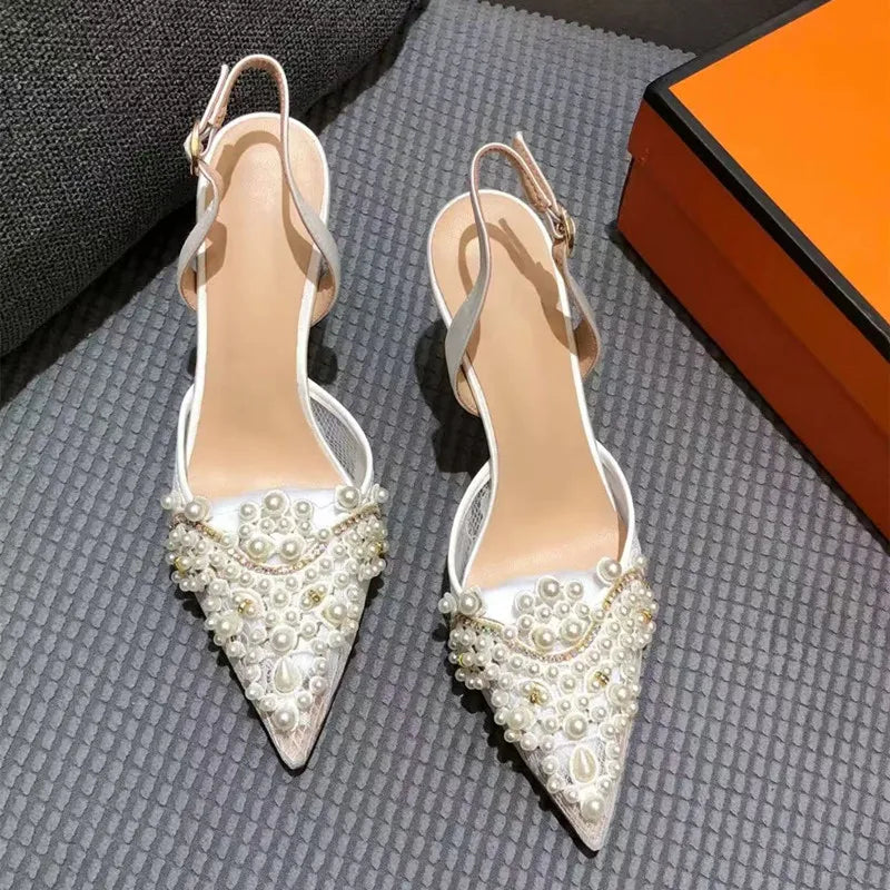 Luxury Pearls Rhinestones Satin Air Mesh Women Pumps Summer Elegant Pointed toe Slingbacks Thin High heels Wedding Party Shoes White 8.5cm