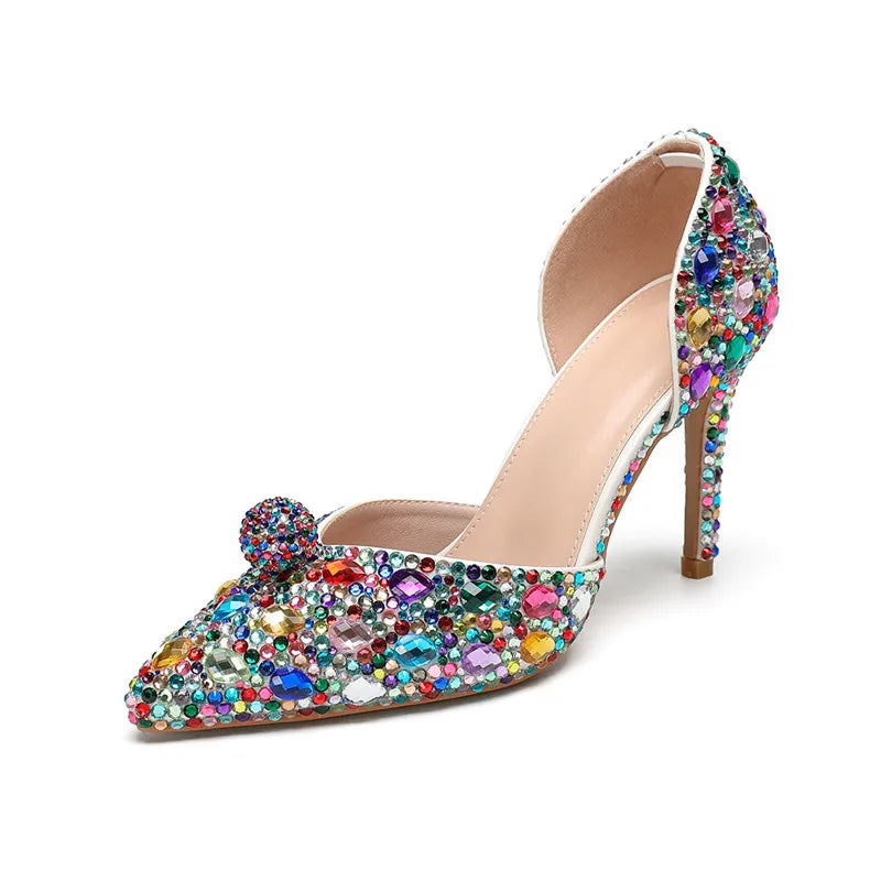 Luxury Rhinestones Colorful Crystal Women Pumps Elegant Pointed toe Wedding Stiletto High heels Fashion Party Prom Bridal Shoes 9cm Colorful