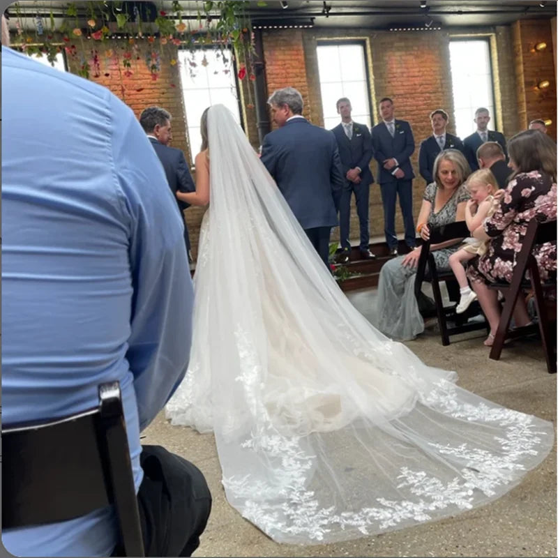 Cathedral Length Lace Applique Wedding Veil - Long Bridal Veil with Metal Comb for Brides
