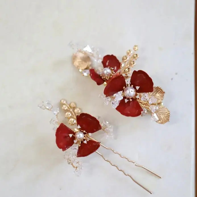 Red Flower Hair Pin Clip Leaf Head Piece For Brides Women Pearl Hairpin Party Dinner Dress Bridal Jewelry Wedding Accessories