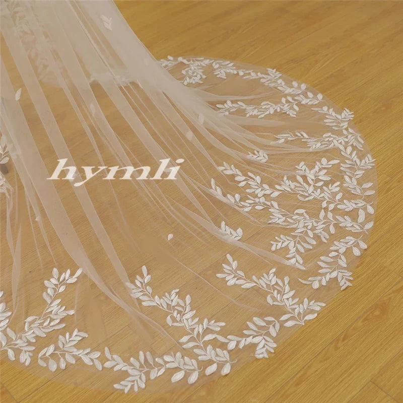 1 Tier Cathedral / Chapel Length Bridal Veil Leaf Lace Wedding Veil Metal Comb