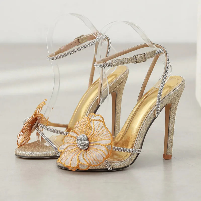 Summer New brand Luxury Rhinestones Flowers Women Sandals Fashion Sequined Ankle Strap Stiletto High heels Female Shoes Gold