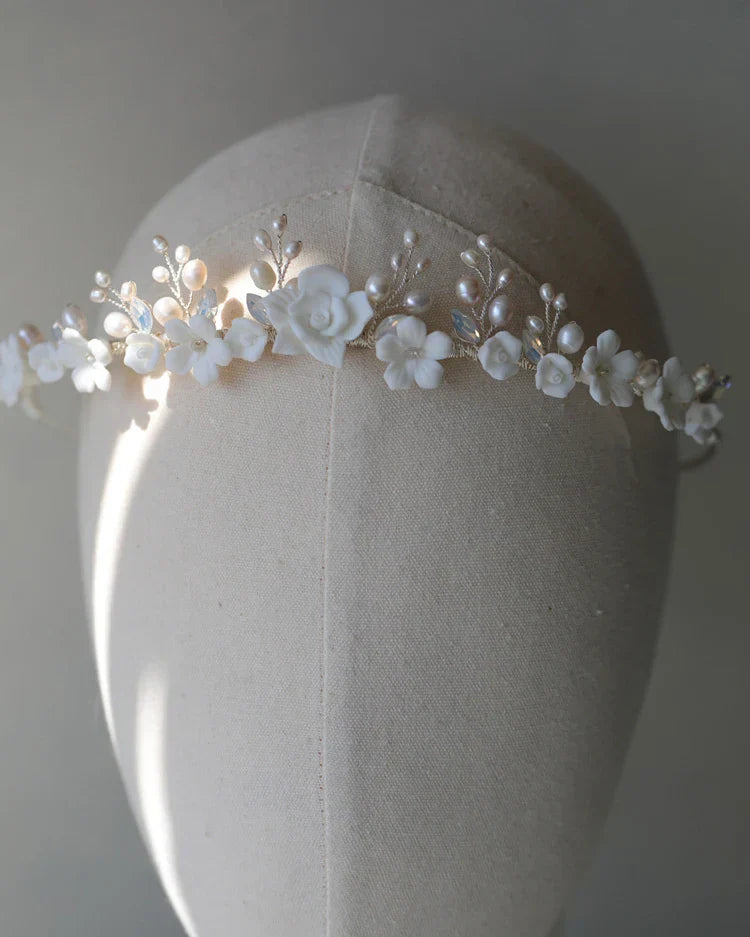 Gold Color Headband Freshwater Pearl Headpiece For Brides Porcelain Flower Hairband Wedding Accessories Bridal Hair Jewelry silver color