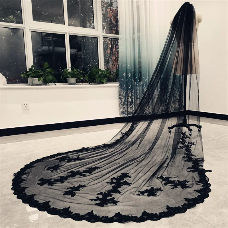 1 Layer Black Applique Wedding Veil Lace Cathedral Length Bridal Veil