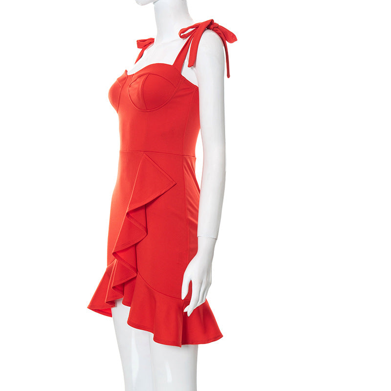 Tied Detail Ruffle Hem Bodycon Dress Short Homecoming Dress