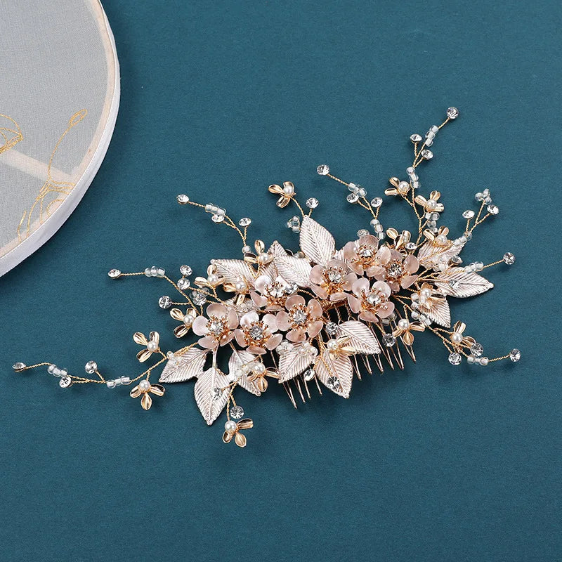 Wedding Accessories Flower Hair Comb Pin Clip Rhinestones Crystal Head Pieces Bride Women Gold Color Leaf Hairpin Bridal Jewelry