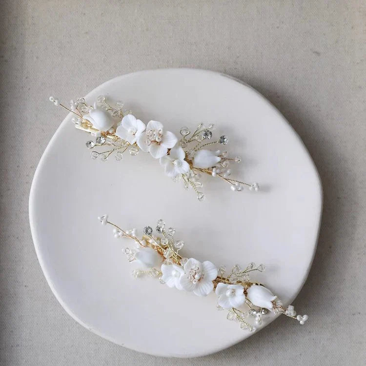 Wedding Accessories Porcelain Flower Head Piece Gold Color Hairpin For Brides Bridesmaids Handmade Hair Pin Clip Bridal Jewelry