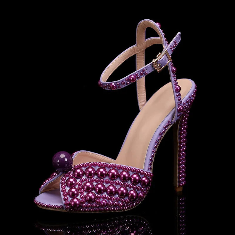 Star style Luxury Pearls Crystal Peep Toe Women Sandals Fashion Summer High heels Gladiator Sandals Wedding Party Bridals Shoes Purple