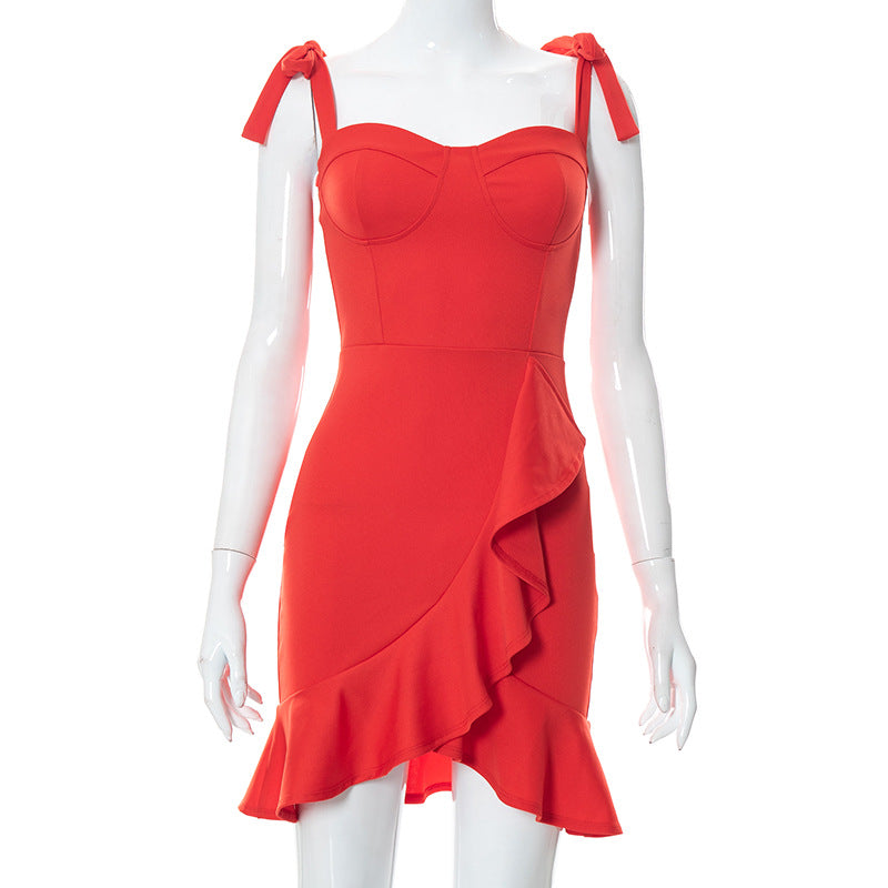 Tied Detail Ruffle Hem Bodycon Dress Short Homecoming Dress