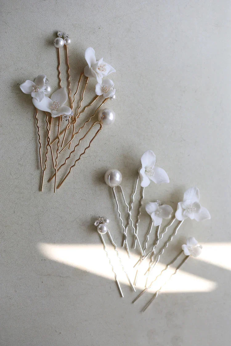 Porcelain Flower Hairpin Gold Silver Color Hair Pin Clip Women Bride Crystal Pearl Head Piece Bridal Jewelry Wedding Accessories