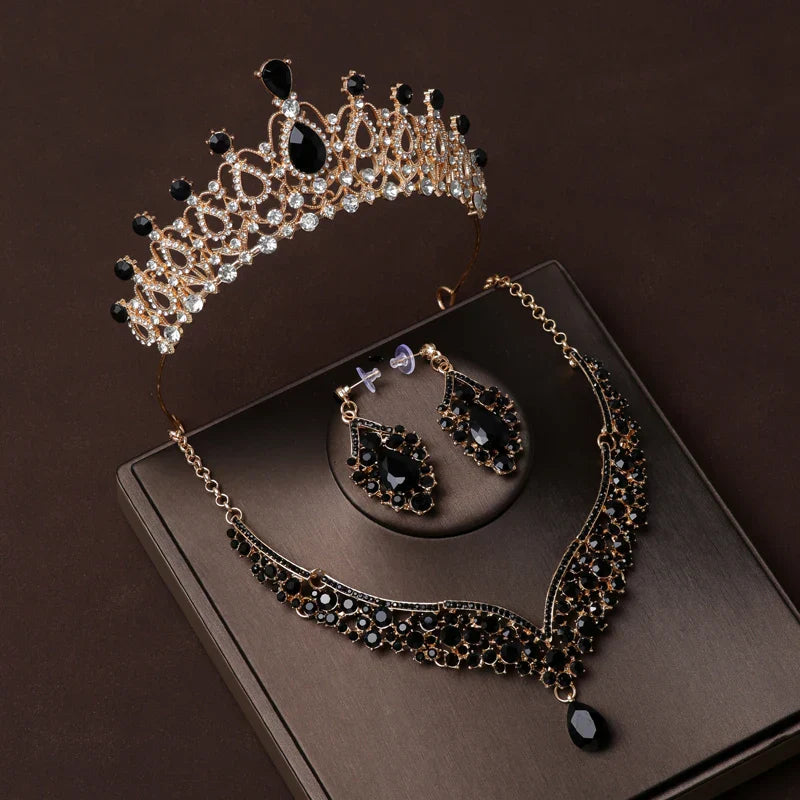 Luxury Silver Color Crystal Water Drop Bridal Jewelry Sets Rhinestone Tiaras Crown Necklace Earrings Wedding Dubai Jewelry Set TS-0178-R-XL-0019-F Tiaras
