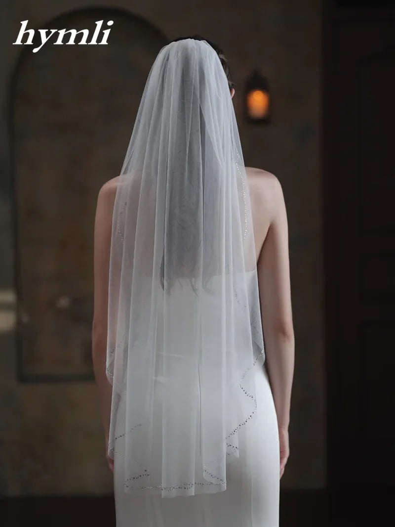 New Style 1 Tier Fingertip length Wedding Veil Tulle Crystal Bridal Veil Cut Edge